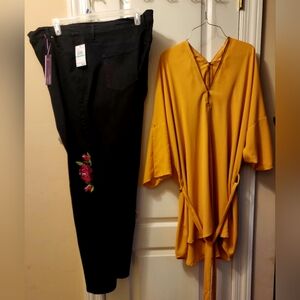 Black Embroidered Pants & Yellow Tunic Set
